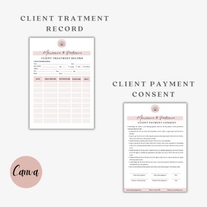 Puede incluir: Dos formularios imprimibles para un negocio de manicura y pedicura. El primer formulario es un registro de tratamiento de clientes con columnas para la fecha, el &aacute;rea tratada, la configuraci&oacute;n utilizada, los art&iacute;culos utilizados y el precio. El segundo formulario es un formulario de consentimiento de pago del cliente con una lista de t&eacute;rminos y condiciones para que el proveedor de servicios y el cliente lo acepten.