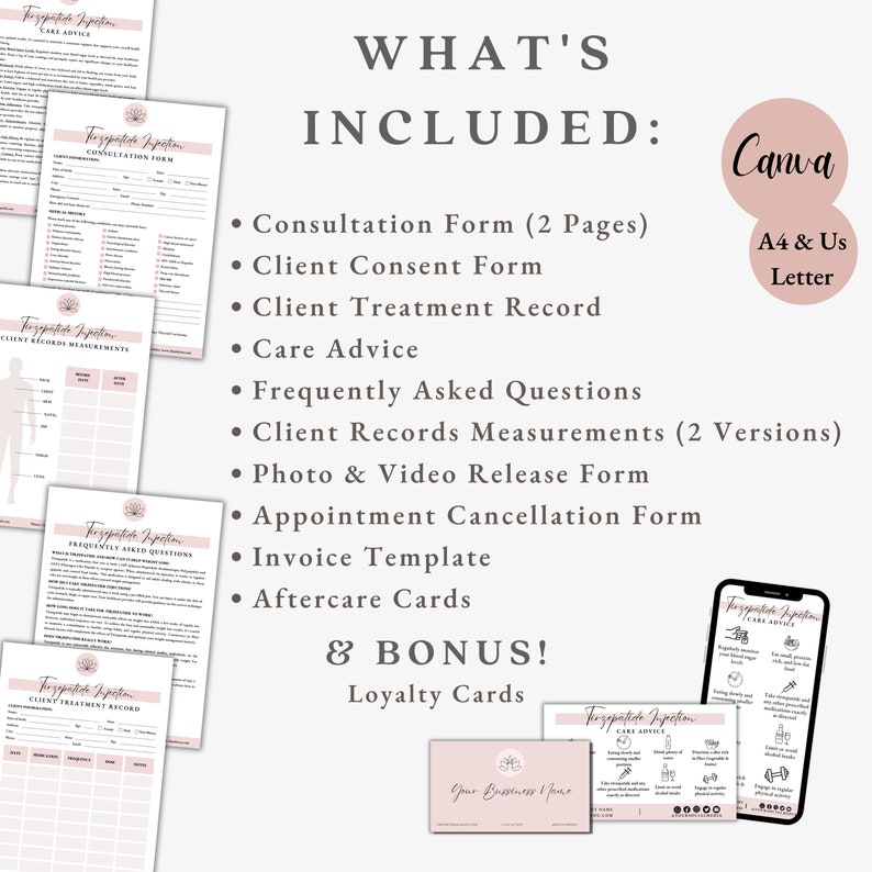 Puede incluir: Una descarga digital imprimible en rosa y blanco para un propietario de un negocio. El texto "What's Included" est&aacute; en una fuente grande. La lista incluye "Consultation Form (2 Pages)", "Client Consent Form", "Client Treatment Record", "Care Advice", "Frequently Asked Questions", "Client Records Measurements (2 Versions)", "Photo & Video Release Form", "Appointment Cancellation Form", "Invoice Template", "Aftercare Cards", y "& Bonus! Loyalty Cards".