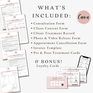May include: A set of printable forms for a business, including a consultation form, client consent form, client treatment record, photo and video release form, appointment cancellation form, invoice template, pre and post-treatment cards, and loyalty cards. The forms are designed in a minimalist style with a pink and white color scheme.