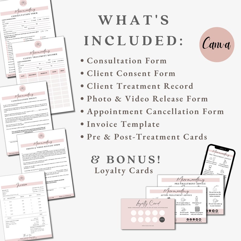 May include: A set of printable forms for a business, including a consultation form, client consent form, client treatment record, photo and video release form, appointment cancellation form, invoice template, pre and post-treatment cards, and loyalty cards. The forms are designed in a minimalist style with a pink and white color scheme.