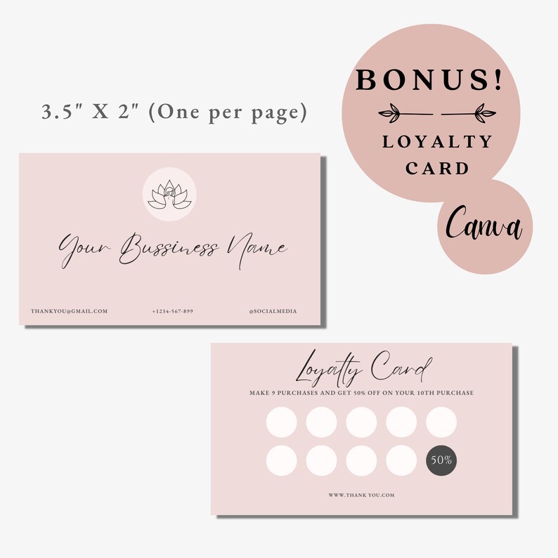 Puede incluir: Una plantilla de tarjeta de fidelizaci&oacute;n rosa con un dise&ntilde;o floral y el texto "Your Business Name". La tarjeta mide 3,5 pulgadas por 2 pulgadas e incluye una tarjeta de fidelizaci&oacute;n con 9 c&iacute;rculos para rellenar para obtener un descuento del 50% en la d&eacute;cima compra.