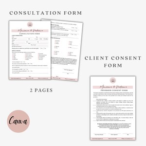 Puede incluir: Dos p&aacute;ginas de un formulario de consulta y consentimiento informado para un negocio de manicura y pedicura. Los formularios incluyen informaci&oacute;n del cliente, historial m&eacute;dico y consentimiento para el tratamiento.