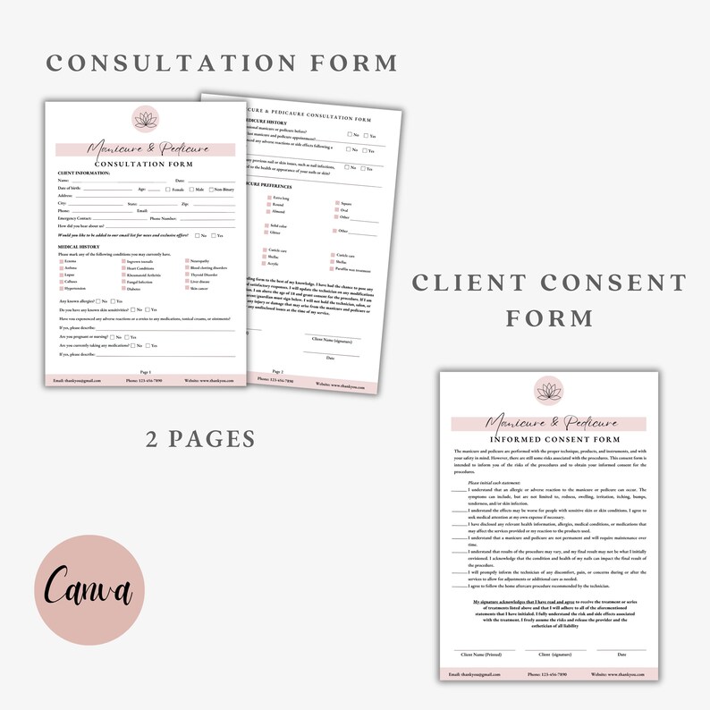 Puede incluir: Dos p&aacute;ginas de un formulario de consulta y consentimiento informado para un negocio de manicura y pedicura. Los formularios incluyen informaci&oacute;n del cliente, historial m&eacute;dico y consentimiento para el tratamiento.