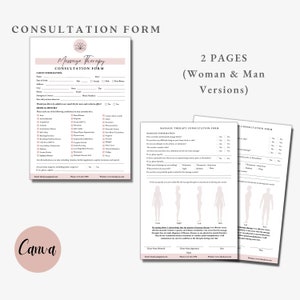 May include: Two-page massage therapy consultation form with a pink floral logo. The form includes sections for client information, medical history, and massage information. The text on the form reads "Massage Therapy Consultation Form".