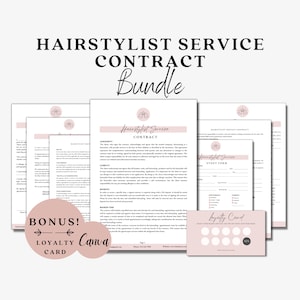 May include: A pink and white printable bundle for hairstylists. The bundle includes a contract, event form, and loyalty card. The text on the contract reads "Hairstylist Service Contract". The loyalty card has a pink background with the text "Loyalty Card" and "50%".