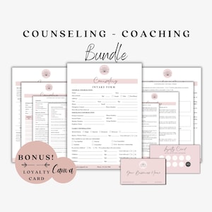 Peut inclure: Un ensemble de counseling et de coaching avec un thème rose et blanc. L'ensemble comprend des formulaires d'admission, un document de politique et une carte de fidélité. Le texte "Counseling - Coaching Bundle" est en haut de l'image. Le texte "Bonus! Loyalty Card" est dans un cercle rose avec une flèche pointant vers une carte de fidélité rose.