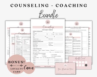 Puede incluir: Un paquete de asesoramiento y coaching con un esquema de color rosa y blanco. El paquete incluye formularios de admisión, un documento de política y una tarjeta de fidelización. El texto "Counseling - Coaching Bundle" está en la parte superior de la imagen. El texto "Bonus! Loyalty Card" está en un círculo rosa con una flecha que apunta a una tarjeta de fidelización rosa.