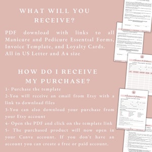 Puede incluir: Un gr&aacute;fico rosa y blanco con el texto "WHAT WILL YOU RECEIVE?" y "HOW DO I RECEIVE MY PURCHASE?" El gr&aacute;fico describe una descarga de PDF con enlaces a todos los formularios esenciales de manicura y pedicura, la plantilla de factura y las tarjetas de fidelizaci&oacute;n. Todo en tama&ntilde;o US Letter y A4. El gr&aacute;fico tambi&eacute;n describe c&oacute;mo recibir la compra.