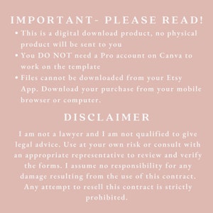 May include: A digital download product notice on a light pink background. The text in white font includes important information about the product, including a disclaimer about legal advice and resale restrictions.