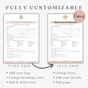 Puede incluir: Una plantilla personalizable para un formulario de consulta de manicura y pedicura. El formulario incluye secciones para la informaci&oacute;n del cliente, el historial m&eacute;dico y preguntas sobre alergias y medicamentos. La plantilla est&aacute; dise&ntilde;ada para ser utilizada por salones de manicura y spas.
