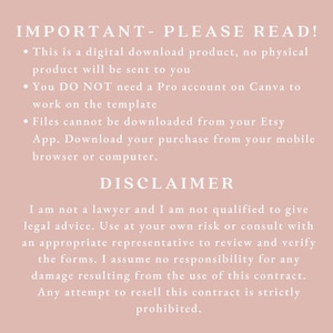 Puede incluir: Un fondo rosa con texto blanco que dice "IMPORTANTE - POR FAVOR LEA!" seguido de una lista de instrucciones para un producto de descarga digital. El texto tambi&eacute;n incluye una cl&aacute;usula de exenci&oacute;n de responsabilidad que indica que el vendedor no es abogado y no puede brindar asesoramiento legal.