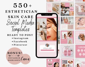 May include: A collection of 550+ social media templates for estheticians and skin care professionals. The templates are ready to post on Instagram, Facebook, and Pinterest. The templates feature a pink and white color scheme and include images of skincare products, models, and text overlays. The templates are designed to help estheticians and skin care professionals promote their services and products.