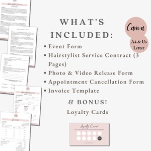 May include: A pink and white printable set of forms for hairstylists, including an event form, service contract, photo and video release form, appointment cancellation form, invoice template, and loyalty cards. The text "Canva A4 & Us Letter" is in a circle on the right side of the image.