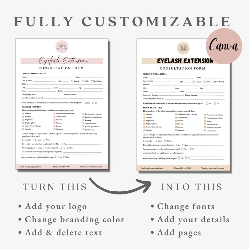 May include: A customizable template for an eyelash extension consultation form. The form includes client information, medical history, and a section for notes. The template is designed to be used with Canva.