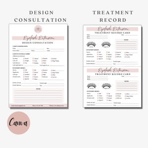 May include: Two printable forms for eyelash extension services. The first form is a design consultation form with sections for client information, current natural lashes, and extension design. The second form is a treatment record card with sections for client information, extension design, and notes.