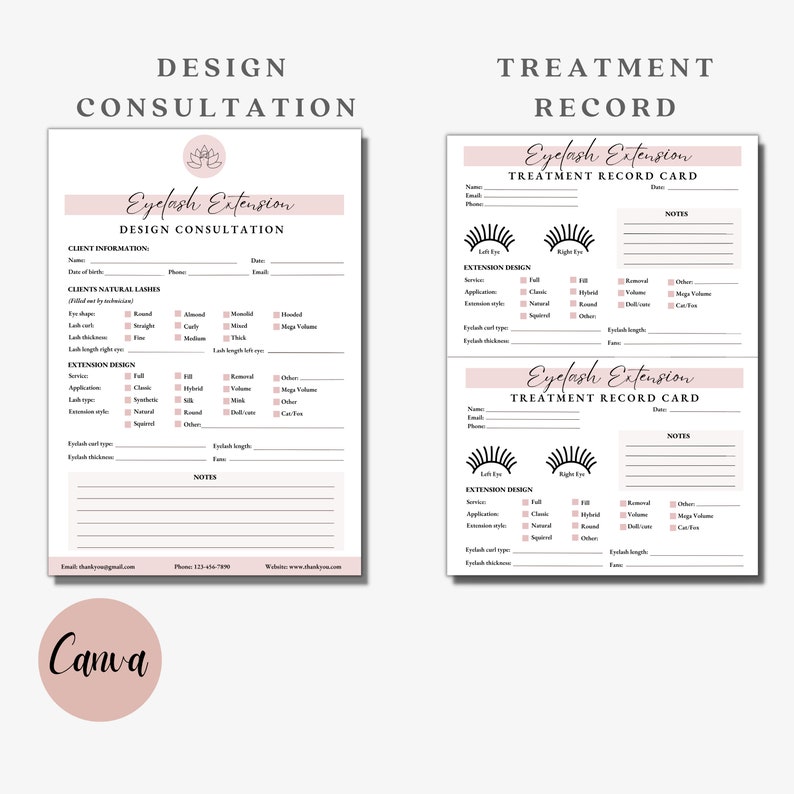 May include: Two printable forms for eyelash extension services. The first form is a design consultation form with sections for client information, current natural lashes, and extension design. The second form is a treatment record card with sections for client information, extension design, and notes.