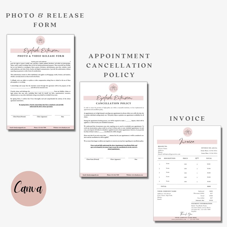 May include: Three pink and white forms with the title "Eyelash Extension" and the text "Photo & Video Release Form", "Appointment Cancellation Policy", and "Invoice".