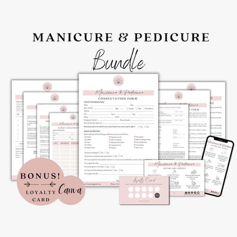 Puede incluir: Un paquete de formularios imprimibles en rosa y blanco para un negocio de manicura y pedicura. Los formularios incluyen un formulario de consulta al cliente, un formulario de tratamiento al cliente y una hoja de consejos para el cuidado posterior. El paquete tambi&eacute;n incluye una tarjeta de fidelizaci&oacute;n con un dise&ntilde;o floral rosa y blanco.