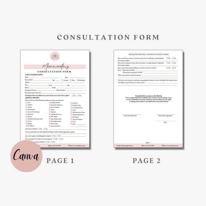 May include: A two-page consultation form for microneedling treatments. The first page includes client information, medical history, and a section for any allergies or medications. The second page includes questions about previous treatments, consent, and client signatures.
