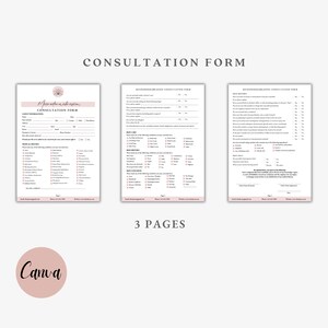 May include: A three-page consultation form for a business called "Mindful Awakening". The form includes questions about client information, medical history, skin concerns, and self-care.