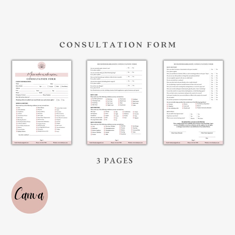 May include: A three-page consultation form for a business called "Mindful Awakening". The form includes questions about client information, medical history, skin concerns, and self-care.