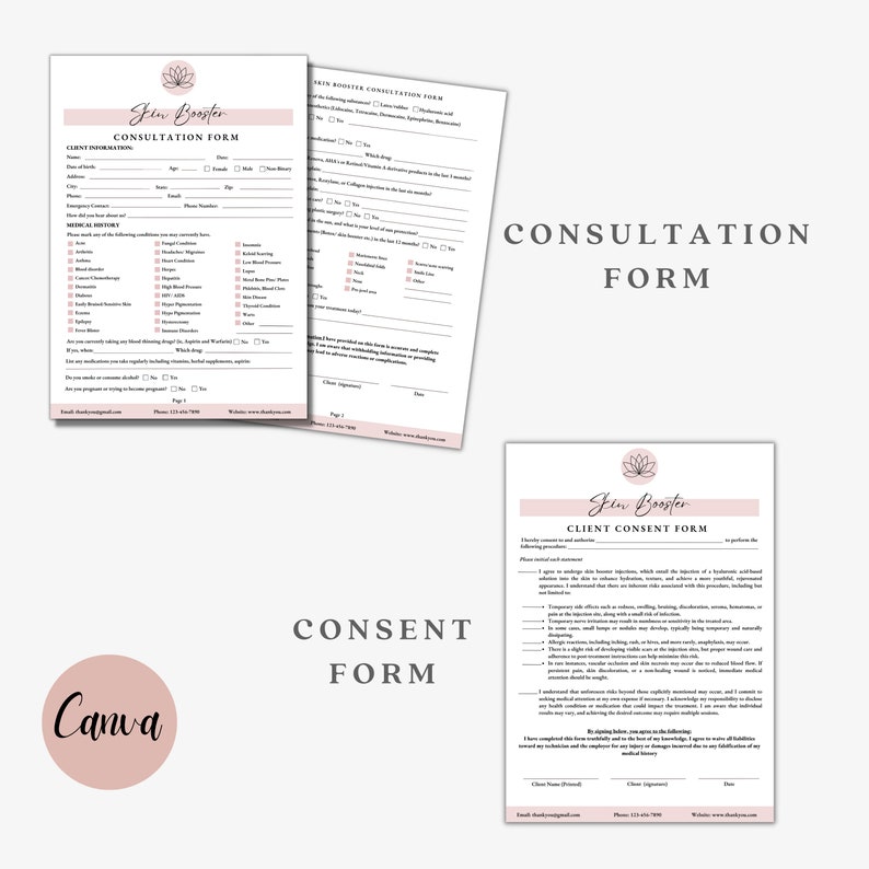 Puede incluir: Dos formularios de consulta en rosa y blanco para un negocio llamado "Jin Booster". El primer formulario es un formulario de consulta para clientes con preguntas sobre el historial m&eacute;dico, la rutina de cuidado de la piel y los tratamientos deseados. El segundo formulario es un formulario de consentimiento del cliente que describe los riesgos y beneficios de los tratamientos ofrecidos.