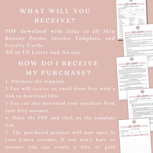 Puede incluir: Un gr&aacute;fico rosa y blanco con el texto "WHAT WILL YOU RECEIVE?" y "HOW DO I RECEIVE MY PURCHASE?" El gr&aacute;fico describe una descarga de PDF con enlaces a todos los formularios de Skin Booster, la plantilla de factura y las tarjetas de fidelizaci&oacute;n. El gr&aacute;fico tambi&eacute;n describe c&oacute;mo comprar y descargar las plantillas.