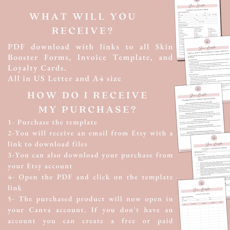 Puede incluir: Un gr&aacute;fico rosa y blanco con el texto "WHAT WILL YOU RECEIVE?" y "HOW DO I RECEIVE MY PURCHASE?" El gr&aacute;fico describe una descarga de PDF con enlaces a todos los formularios de Skin Booster, la plantilla de factura y las tarjetas de fidelizaci&oacute;n. El gr&aacute;fico tambi&eacute;n describe c&oacute;mo comprar y descargar las plantillas.