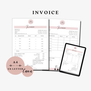 May include: A printable invoice template in a minimalist style with a pink lotus flower logo. The template is designed for use with Canva and is available in A4 and US Letter sizes. The invoice includes sections for billing information, itemized descriptions, pricing, quantity, total, and payment information.