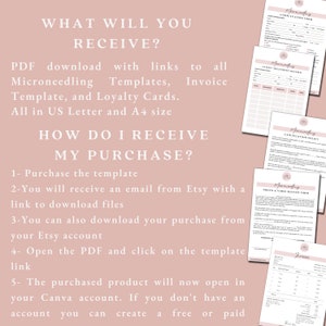 May include: A pink and white graphic with the text "What will you receive?" and "How do I receive my purchase?"  The graphic describes the digital download of microneedling templates, invoice templates, and loyalty cards in US Letter and A4 size.  The graphic also describes how to download the purchase from Etsy.