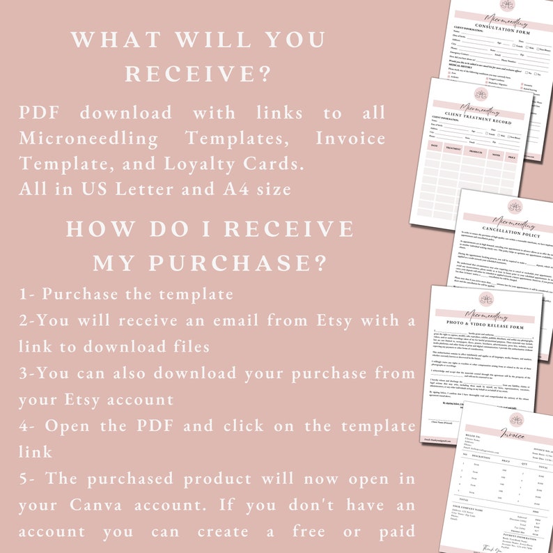May include: A pink and white graphic with the text "What will you receive?" and "How do I receive my purchase?"  The graphic describes the digital download of microneedling templates, invoice templates, and loyalty cards in US Letter and A4 size.  The graphic also describes how to download the purchase from Etsy.