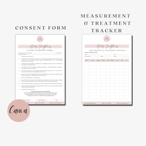 Op de afbeelding: Een roze en wit printbaar toestemmingsformulier en meettracker voor een body sculpting bedrijf. Het formulier bevat een toestemmingsformulier voor de klant en een meet- en behandeltracker met kolommen voor datum, borstomvang, taille, heupen, gewicht, BMI en notities.