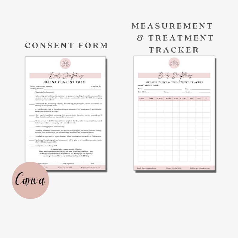 Op de afbeelding: Een roze en wit printbaar toestemmingsformulier en meettracker voor een body sculpting bedrijf. Het formulier bevat een toestemmingsformulier voor de klant en een meet- en behandeltracker met kolommen voor datum, borstomvang, taille, heupen, gewicht, BMI en notities.