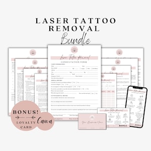 May include: A pink and white laser tattoo removal bundle with a consultation form, treatment record, aftercare advice, and a loyalty card. The bundle includes a pink lotus flower design.