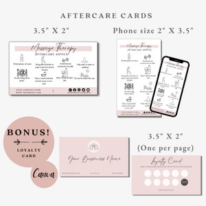 May include: A collection of pink and white aftercare cards and a loyalty card. The aftercare cards include massage therapy advice and are available in 3.5" x 2" and phone sizes. The loyalty card is 3.5" x 2" and includes a Canva logo.