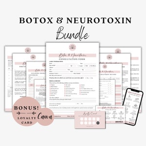May include: A set of printable forms for a Botox and Neurotoxin business. The forms include a consultation form, treatment record, aftercare advice, and a loyalty card. The forms are designed with a pink and white color scheme and feature a lotus flower design.