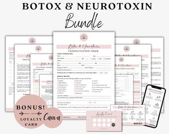 May include: A set of printable forms for a Botox and Neurotoxin business. The forms include a consultation form, treatment record, aftercare advice, and a loyalty card. The forms are designed with a pink and white color scheme and feature a lotus flower design.