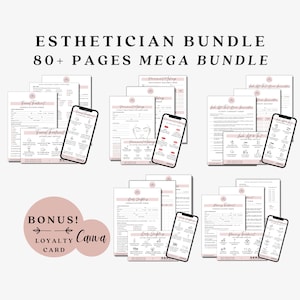 May include: A digital bundle of printable forms for estheticians. The bundle includes forms for facial treatments, body sculpting, waxing, lash lifts, and permanent makeup. The bundle also includes a loyalty card template. The text "80+ PAGES MEGA BUNDLE" is displayed at the top of the image.