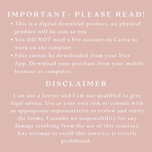 Puede incluir: Un fondo rosa con texto blanco que dice "IMPORTANTE - POR FAVOR LEA!" seguido de una lista de instrucciones para un producto de descarga digital. El texto tambi&eacute;n incluye una renuncia de responsabilidad sobre el producto.