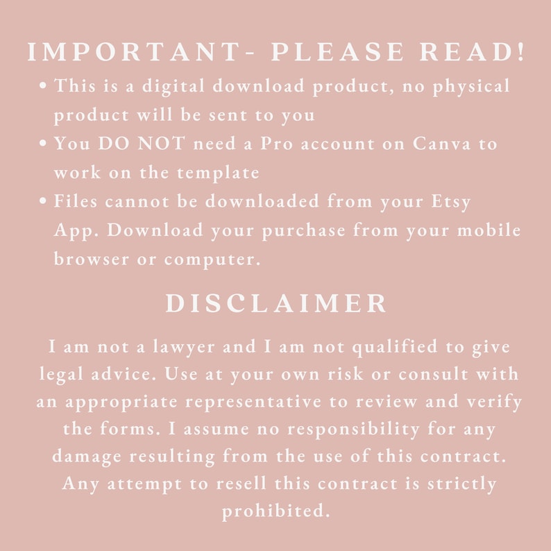 Puede incluir: Un fondo rosa con texto blanco que dice "IMPORTANTE - POR FAVOR LEA!" seguido de una lista de instrucciones para un producto de descarga digital. El texto tambi&eacute;n incluye una renuncia de responsabilidad sobre el producto.