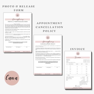 Puede incluir: Tres documentos con acentos rosados, titulados "Formulario de Foto y Liberaci&oacute;n", "Pol&iacute;tica de Cancelaci&oacute;n de Citas" y "Factura". Cada documento incluye un logotipo con una flor estilizada y el texto "Dermaplanting".