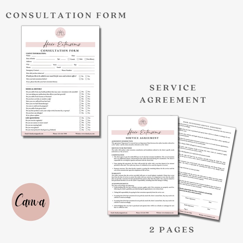 May include: A pink and white consultation form for hair extensions. The form includes sections for client information, medical history, and life questions. The form also includes a service agreement with details about the service and client responsibilities.