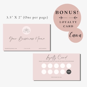 May include: A pink loyalty card template with a floral design and the text "Your Business Name". The card is 3.5 inches by 2 inches and includes a loyalty card with 9 circles to be filled in to earn a 50% discount on the 10th purchase.