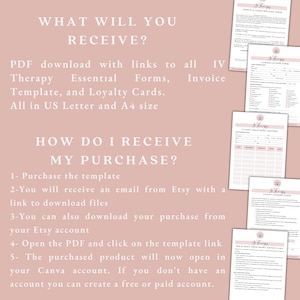 May include: A pink and white graphic with the text "WHAT WILL YOU RECEIVE?" and "HOW DO I RECEIVE MY PURCHASE?"  The graphic describes the contents of a downloadable template for therapy businesses. The template includes forms for client consultations, treatment records, consent forms, and photo and video release forms. The graphic also explains how to download the template after purchase.