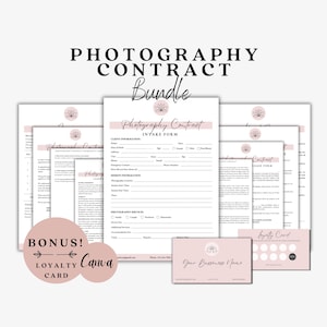 May include: A photography contract bundle with a pink and white design. The bundle includes a contract, intake form, lease form, and loyalty card. The text on the forms includes "Photography Contract" and "Your Business Name".