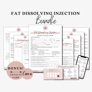 May include: A pink and white printable bundle of forms for a fat dissolving injection consultation. The bundle includes a consultation form, a client information form, a treatment form, and a loyalty card. The forms are designed with a pink lotus flower logo and the text "Fat Dissolving Injection".