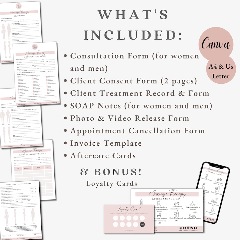 May include: A collection of pink and white massage therapy forms, including consultation, consent, and treatment records. The image also shows aftercare cards, loyalty cards, and a smartphone displaying aftercare advice. The text includes "What's Included" and "Bonus!"