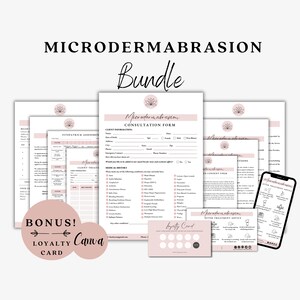 Puede incluir: Un paquete imprimible rosa y blanco para tratamientos de microdermabrasión. El paquete incluye un formulario de consulta, consejos de tratamiento para clientes, un formulario de consentimiento y una tarjeta de fidelización. El texto "Microdermabrasion Bundle" está en la parte superior de la imagen.