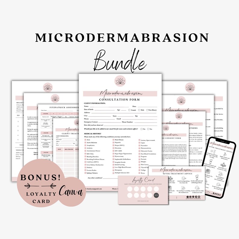 May include: A pink and white printable bundle for microdermabrasion treatments. The bundle includes a consultation form, client treatment advice, a consent form, and a loyalty card. The text "Microdermabrasion Bundle" is at the top of the image.