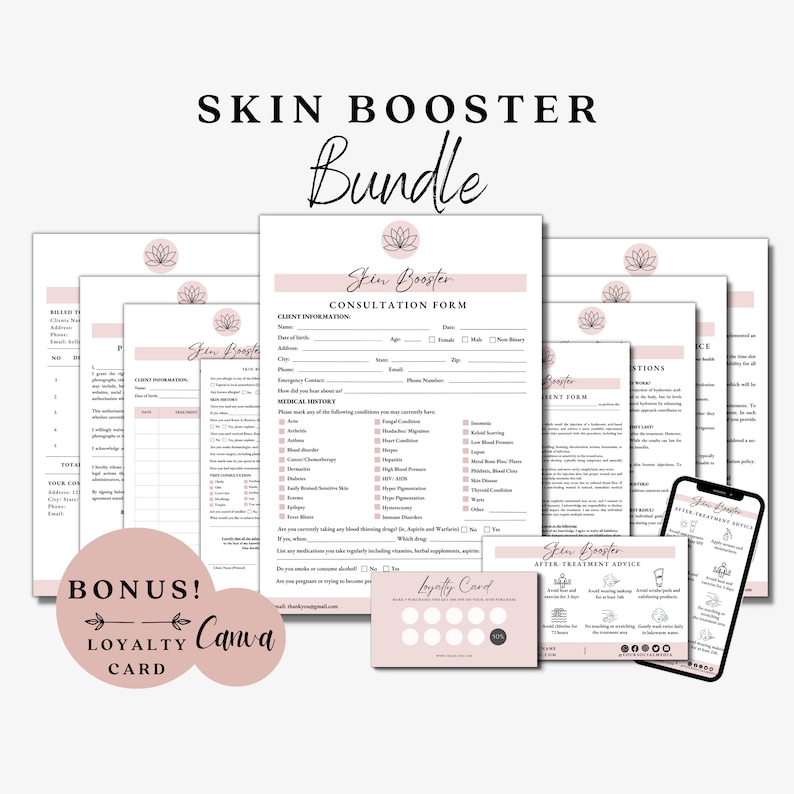 Puede incluir: Un paquete de refuerzo de piel imprimible en rosa y blanco con un formulario de consulta, consejos posteriores al tratamiento y una tarjeta de fidelizaci&oacute;n. El paquete incluye el texto "Skin Booster" y "&iexcl;Bonus! Tarjeta de fidelizaci&oacute;n".